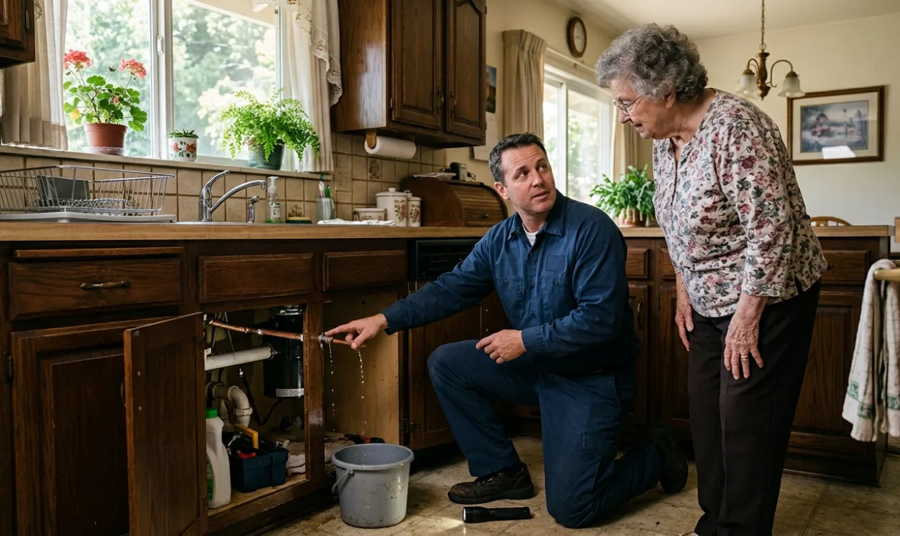Plumber checking a leaking kitchen sink cabinet while the homeowner watches