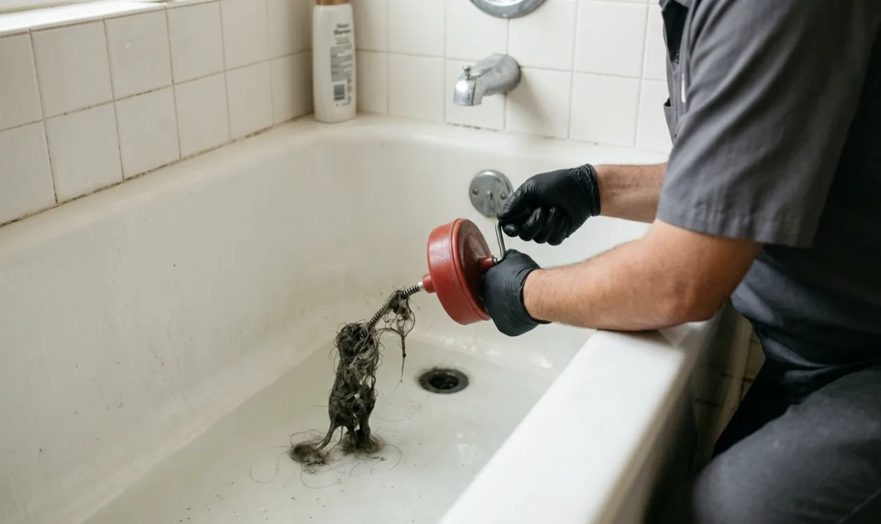 Plumber pulling a hair clog out of a bathtub drain