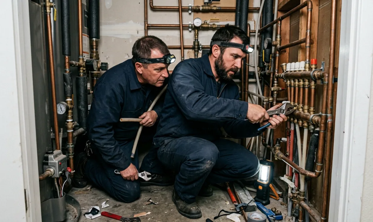 Two plumbers working on a copper manifold in a utility closet