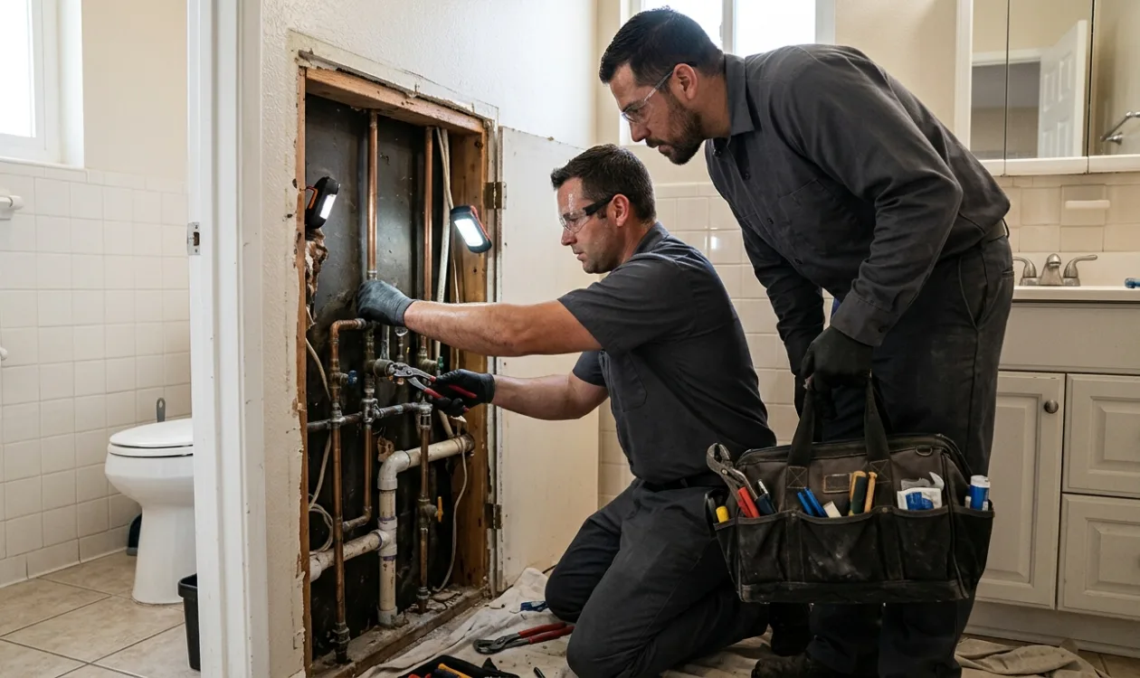 Two plumbers repairing water lines inside an open bathroom wall