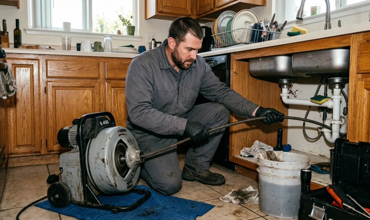 Plumber running a drain cleaning cable into a kitchen sink line