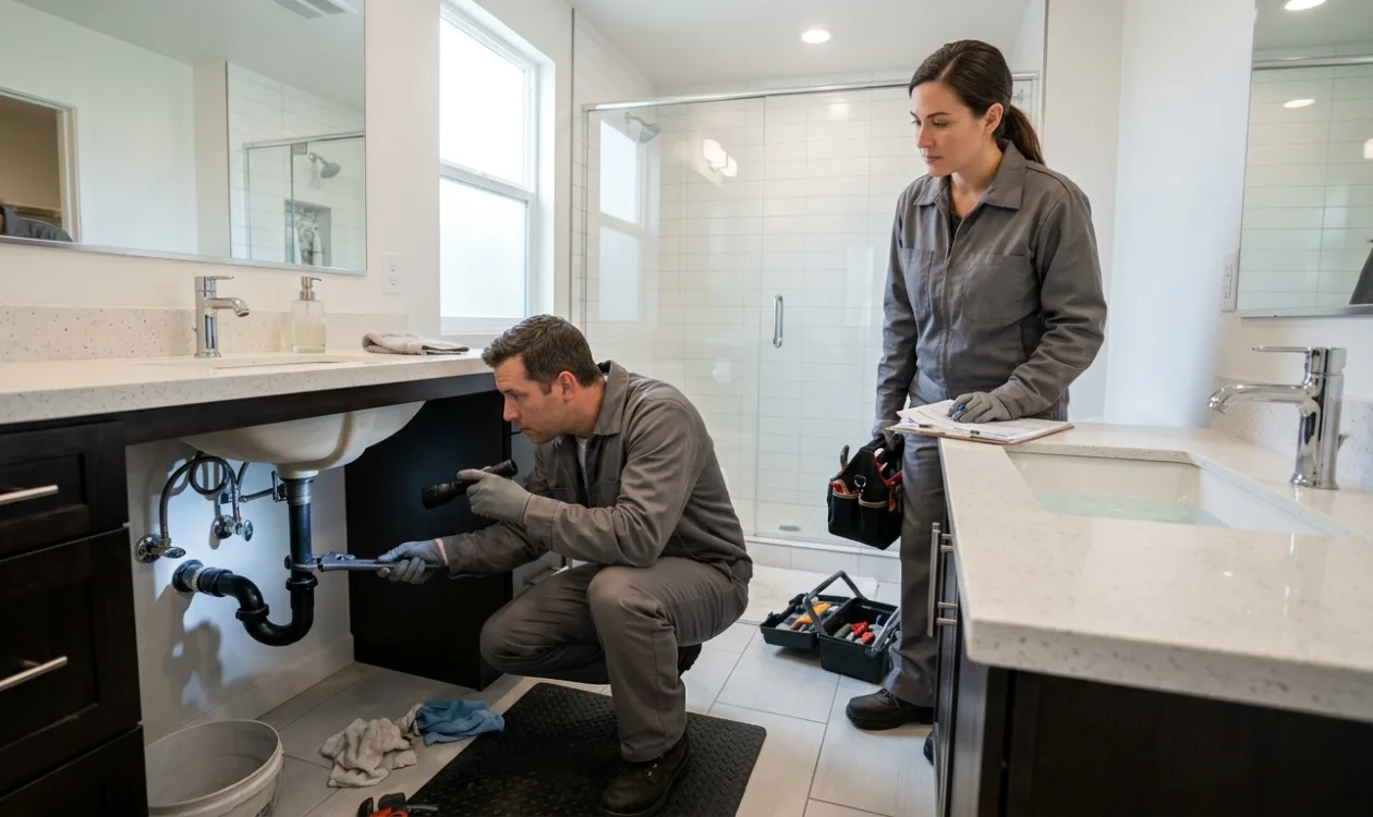 Plumber inspecting a bathroom vanity drain while the homeowner looks on