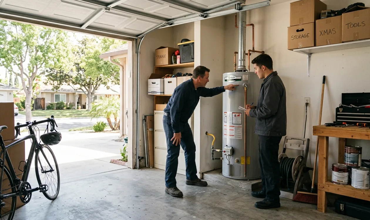 Plumber inspecting a gas water heater in a garage with the homeowner