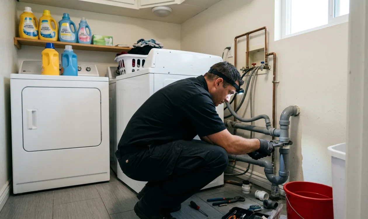 Plumber repairing a laundry room drain standpipe behind a washer
