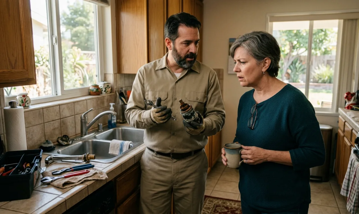Plumber showing a homeowner a corroded shut-off valve taken out of the wall