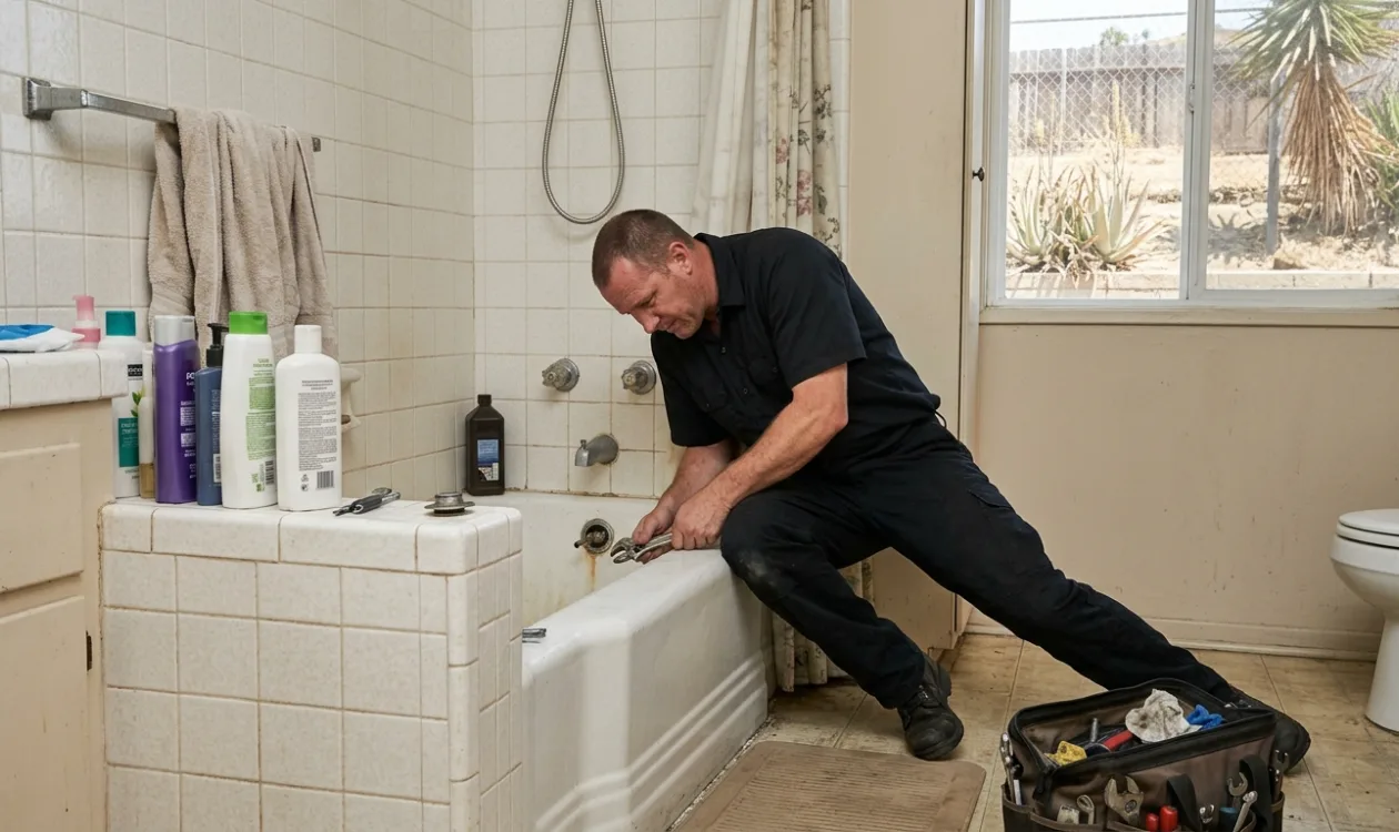 Plumber repairing a bathtub drain and overflow assembly