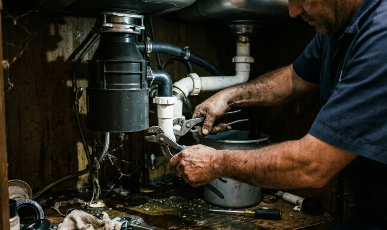 Plumber repairing a garbage disposal discharge tube under a sink