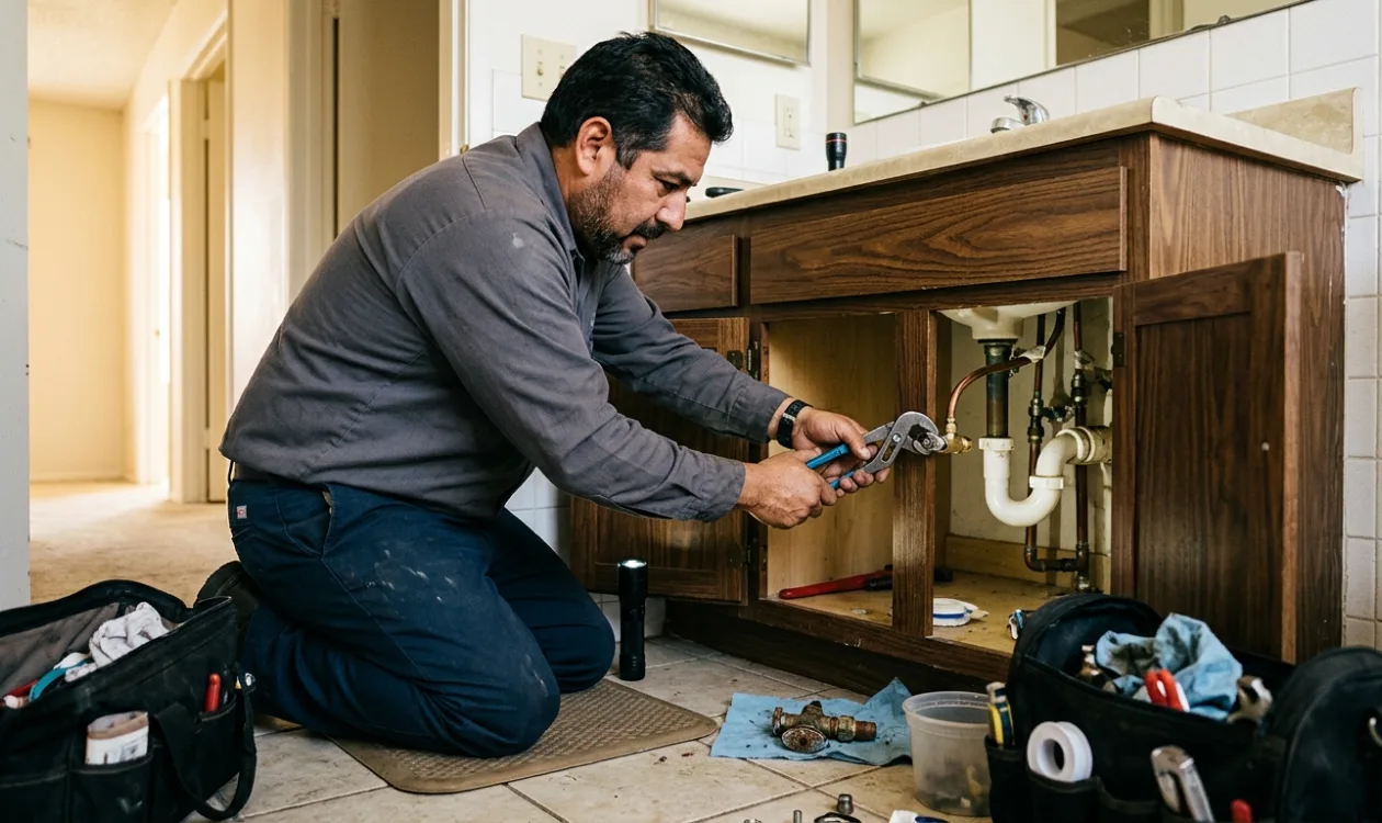 Plumber replacing an angle stop under a bathroom vanity
