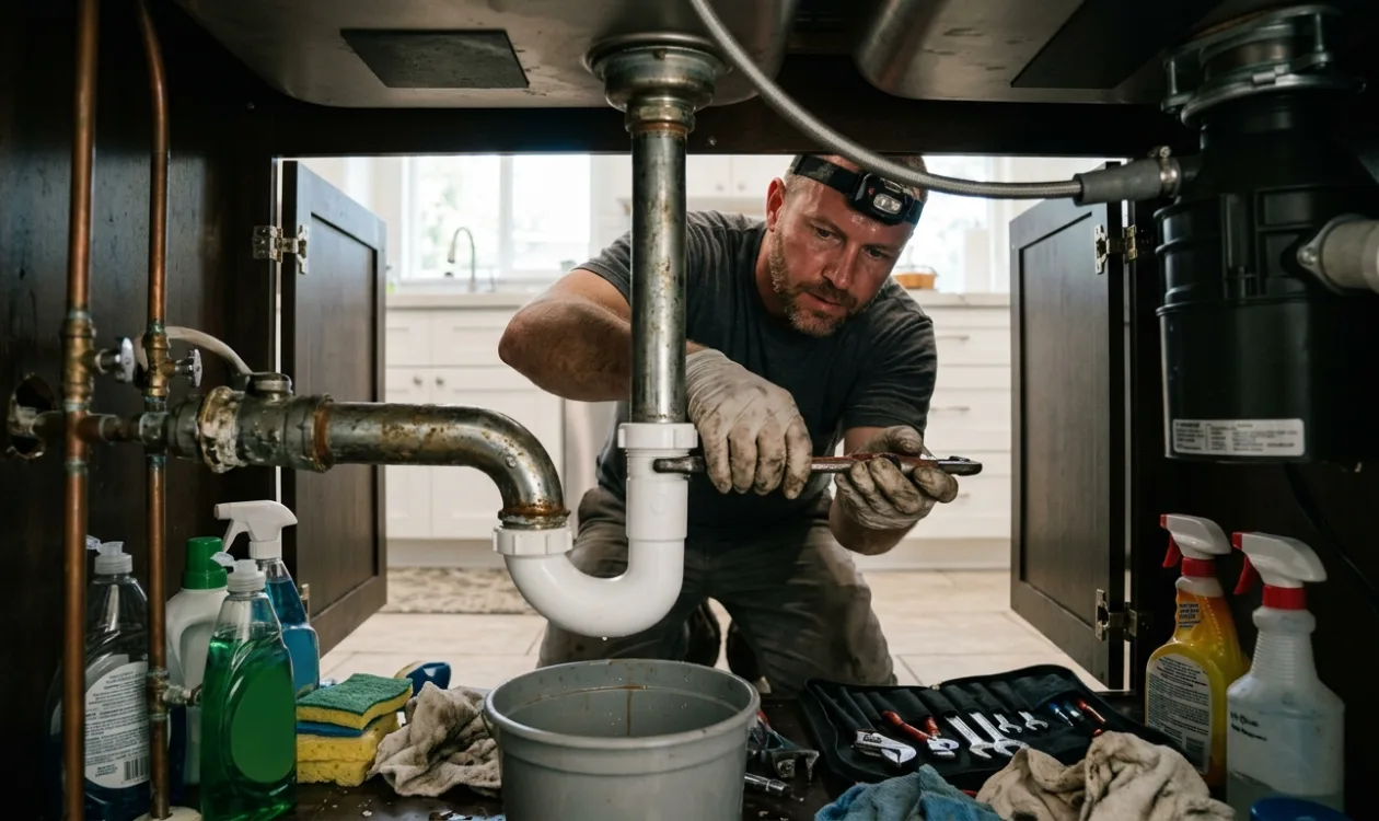 Plumber replacing the P-trap under a kitchen sink