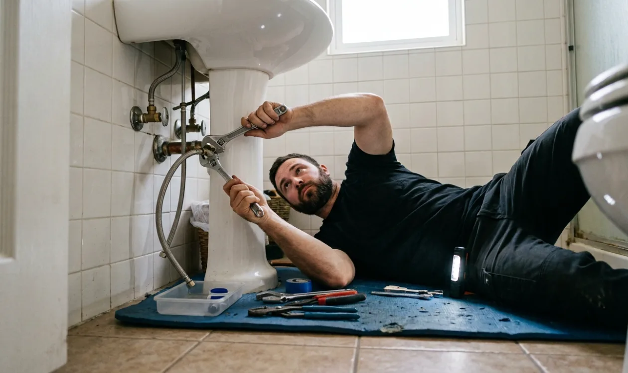 Plumber replacing the supply line on a pedestal sink