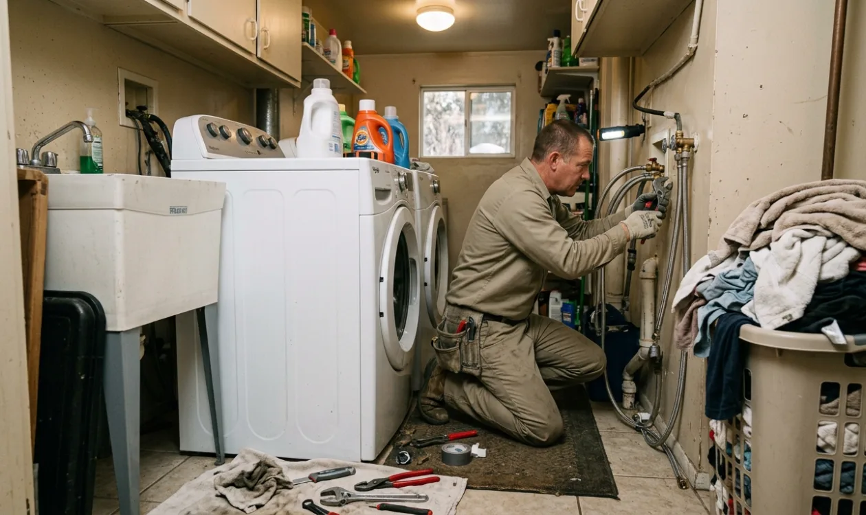 Plumber replacing washing machine supply valves