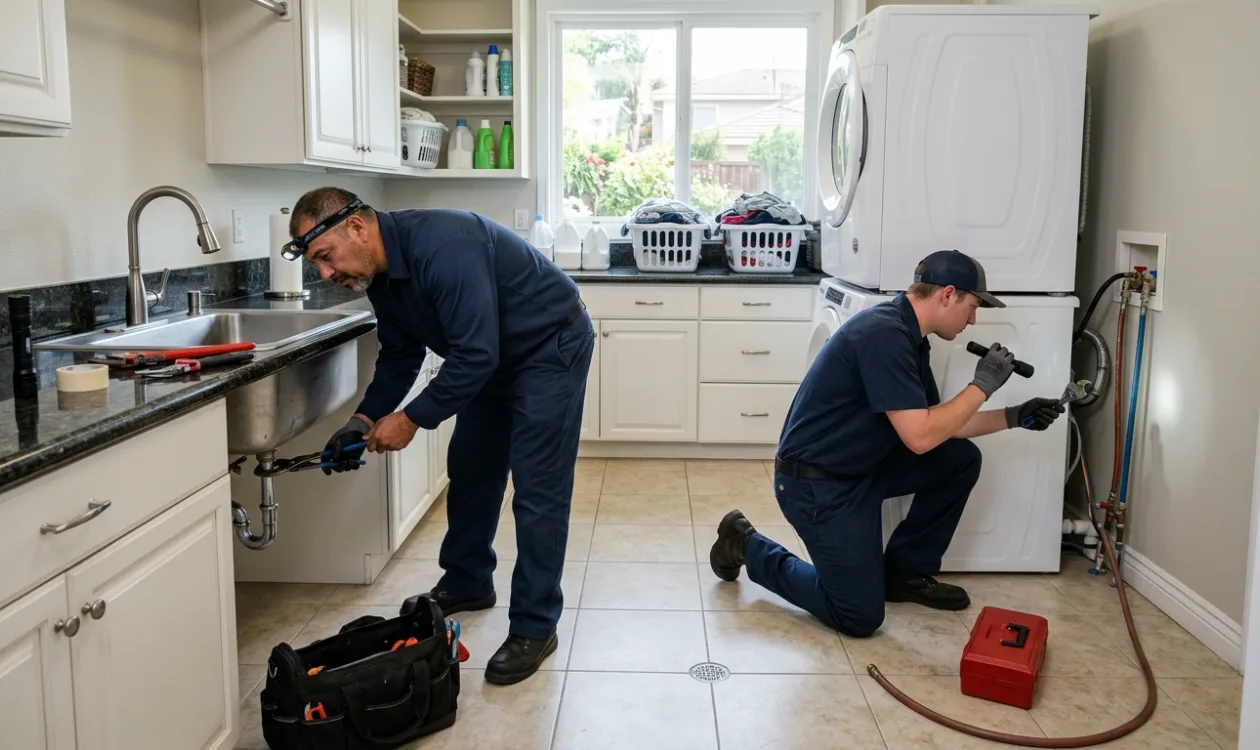 Two plumbers servicing a laundry sink and washer lines
