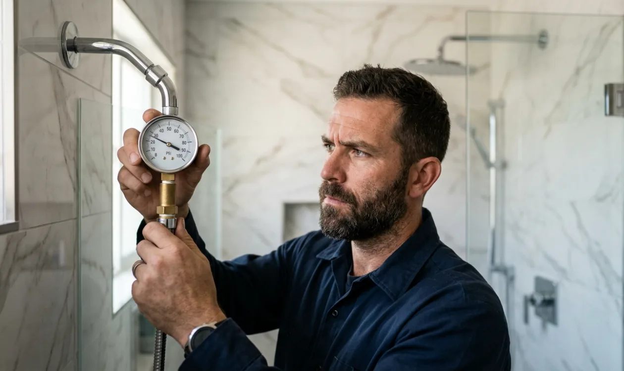 Plumber reading a water pressure gauge at a shower head
