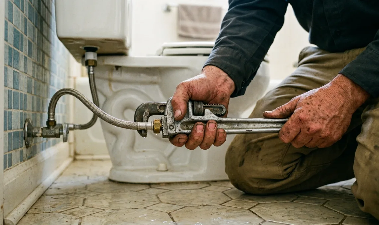 Plumber tightening a toilet supply connection