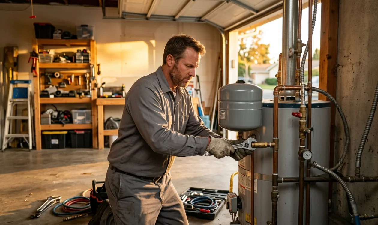 Plumber fitting an expansion tank on a garage water heater