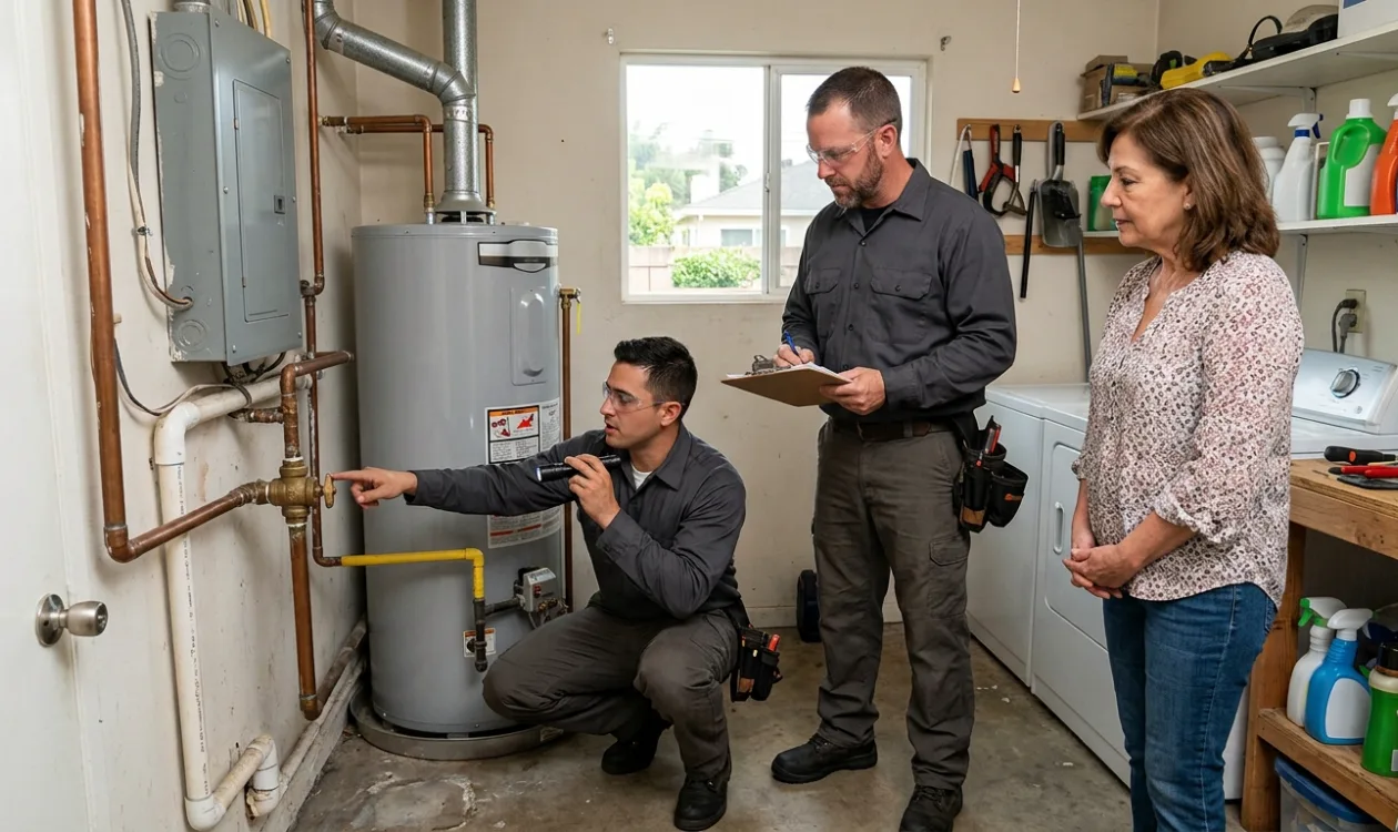 Plumber inspecting a water heater with the homeowner