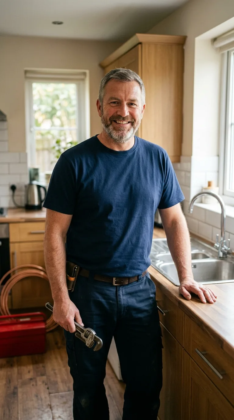 Adrian Cole, plumbing expert, holding a pipe wrench in a residential kitchen