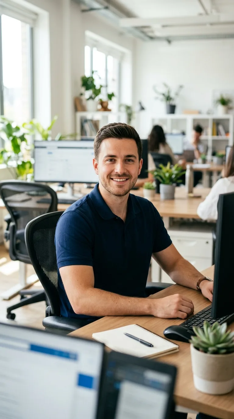 Brandon Hayes, customer relations expert, at his desk in the Garden Grove office